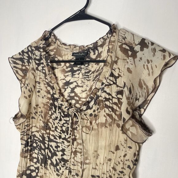 Y2K Sheer Blouse L Brown Beige Animal‎ Print Ruffle Boho Indie Fairy Bratz - Picture 3 of 7